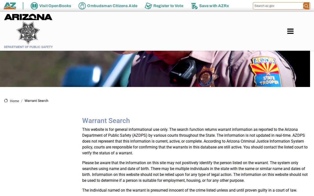 Arizona DPS fields used to check Cochise County warrant records