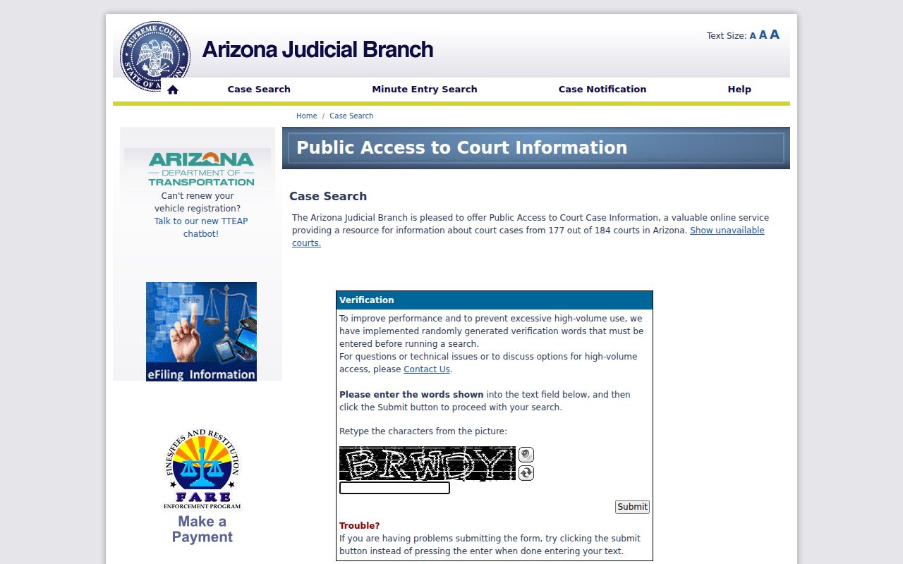 Cochise County warrant records case search verification screen